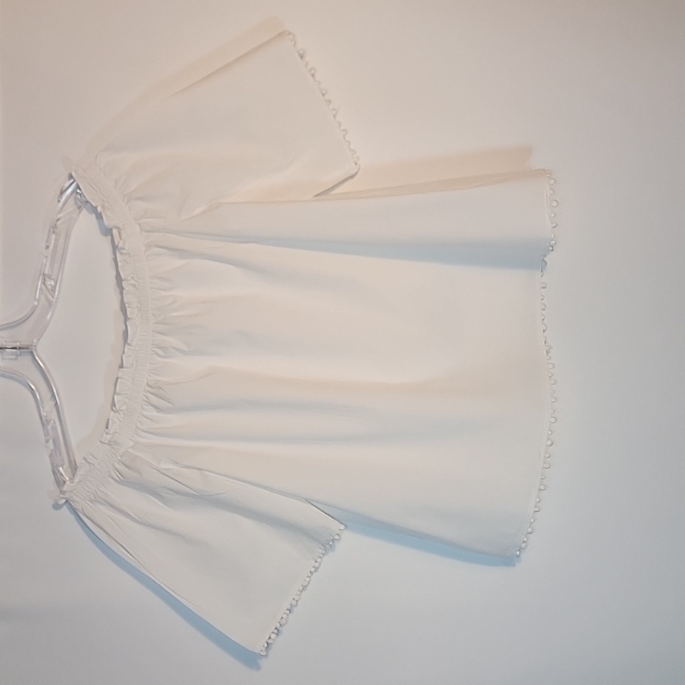 TRINA TURK | White Off the Shoulder Pom Pom Trim Top